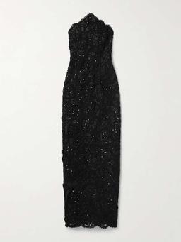 Strapless embellished lace-trimmed crepe and tulle gown