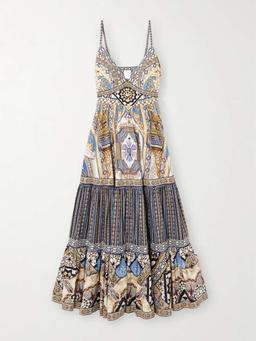 Crystal-embellished tiered shirred lace-trimmed cotton maxi dress