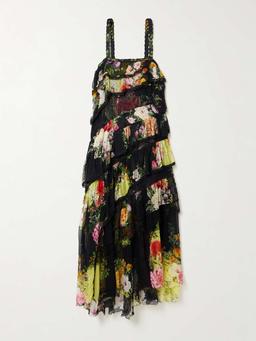 Asymmetric crystal-embellished lace-trimmed floral-print silk-crepon midi dress