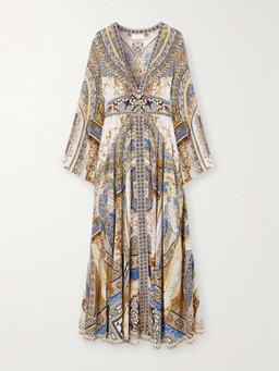 Embellished shirred printed silk-crepe maxi dress