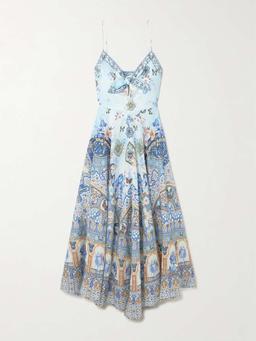 Tie-front crystal-embellished printed linen midi dress