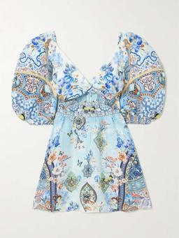 Al Manial Palace Memoirs twist-front crystal-embellished linen and silk-blend mini dress