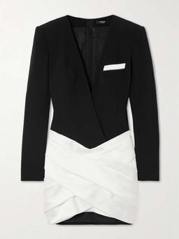 Two-tone asymmetric crepe and pleated satin mini dress