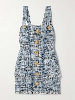 Button-embellished frayed cotton-blend tweed mini dress