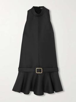 Belted wool and silk-blend mini dress