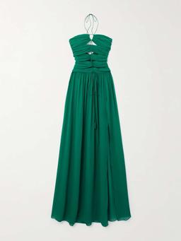 Tasseled cutout silk-georgette halterneck gown