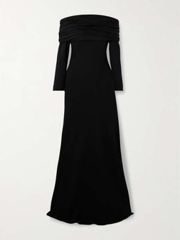 Off-the-shoulder bow-embellished pleated satin-trimmed crepe maxi dress