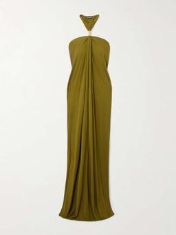 Gathered embellished jersey halterneck gown