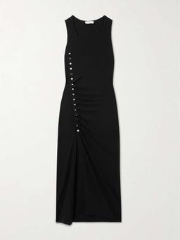 Gathered embellished jersey midi dress