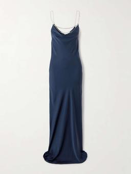 Chain-embellished draped satin maxi dress