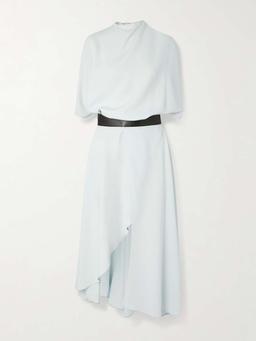 Asymmetric draped leather-trimmed cady midi dress