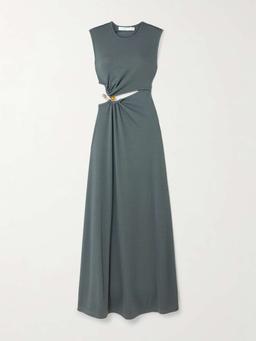 Concave cutout embellished ribbed-knit maxi dress