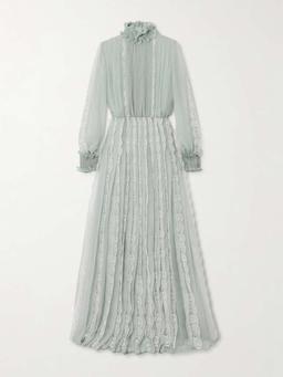 Ruffled lace-trimmed pleated silk-chiffon gown
