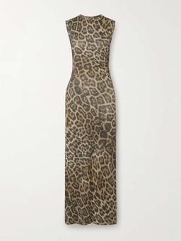 Ruched leopard-print jersey midi dress