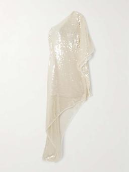 One-shoulder asymmetric sequined mesh dress