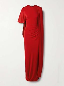 Asymmetric cape-effect stretch-satin gown