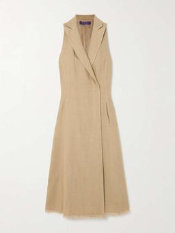 Alecia frayed silk and linen-blend twill midi shirt dress