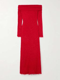 Ormany frayed off-the-shoulder bouclé maxi dress