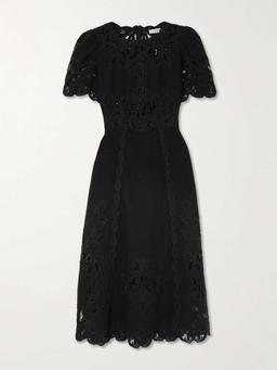 Gianna lace-trimmed embroidered cotton and linen-blend midi dress