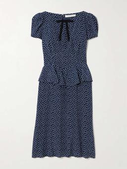 Bow-detailed ruffled polka-dot silk midi dress