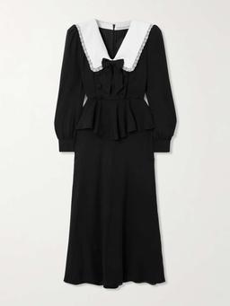 Envers lace and mikado-trimmed crepe de chine peplum midi dress