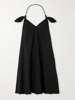 Flamenco knotted leather-trimmed twill halterneck mini dress
