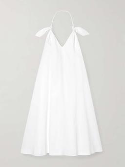 Flamenco knotted leather-trimmed voile halterneck mini dress