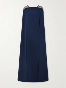 Aleyna cape-effect embellished tulle-trimmed crepe gown