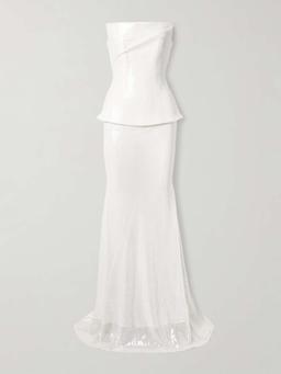 Strapless sequined tulle gown