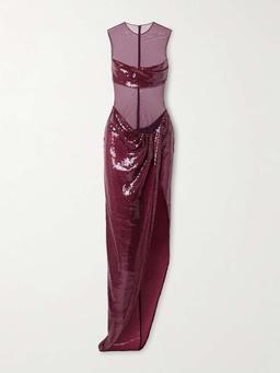 Asymmetric paneled draped sequined tulle gown