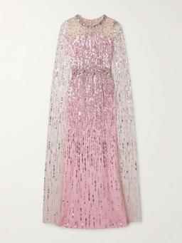 Cape-effect embellished tulle gown