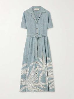 Claudia Palm belted embroidered ramie and linen-blend midi dress