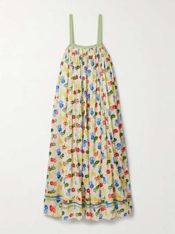 Gathered floral-print cotton-voile maxi dress