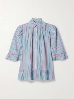 Ruffled embroidered striped cotton-voile mini shirt dress