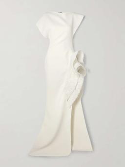 Wishing asymmetric ruffled tulle-trimmed crepe gown