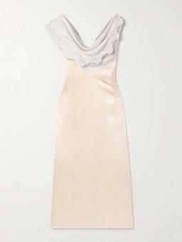 Fragolina draped broderie anglaise-paneled silk-satin midi dress