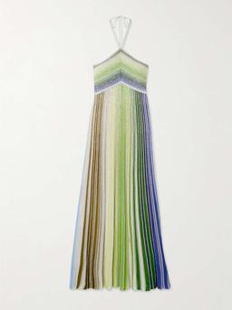 Sequin-embellished metallic crochet-knit halterneck maxi dress