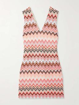 Striped crochet-knit cotton-blend mini dress