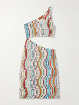 One-shoulder cutout metallic crochet-knit mini dress