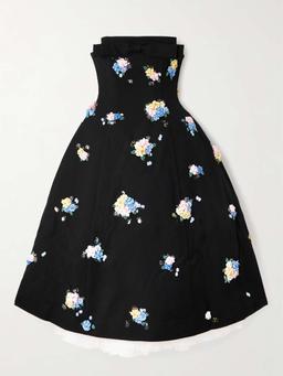 Strapless bow-detailed embellished twill midi dress