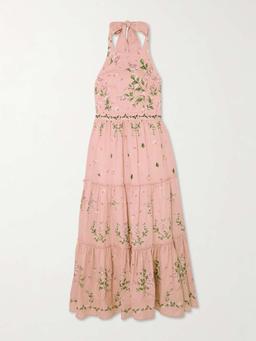 Consuelo Wisteria tiered embroidered floral-print linen halterneck midi dress
