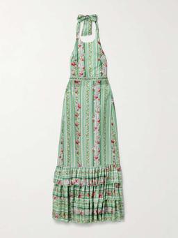 Magnolia Honeysuckle tiered embroidered floral-print linen and silk-blend halterneck maxi dress