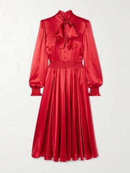 Pussy-bow smocked pleated silk-satin midi dress