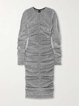 Ruched sequined metallic stretch-tulle midi dress