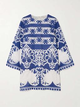 Stevie lace-trimmed embroidered cotton-blend mini dress