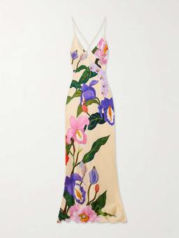 Olive floral-print satin-crepe maxi dress