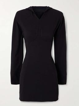 Open-back hooded paneled crepe-jersey mini dress