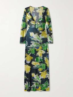 Marina embellished floral-print stretch-mesh maxi dress
