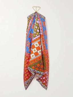 Asymmetric printed silk-twill halterneck midi dress