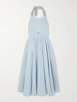 Pleated poplin halterneck midi dress